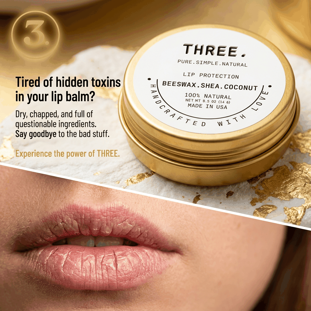 Close-up of simple, natural THREE. lip balm emphasizing purity and effectiveness over over-engineered lip balms.