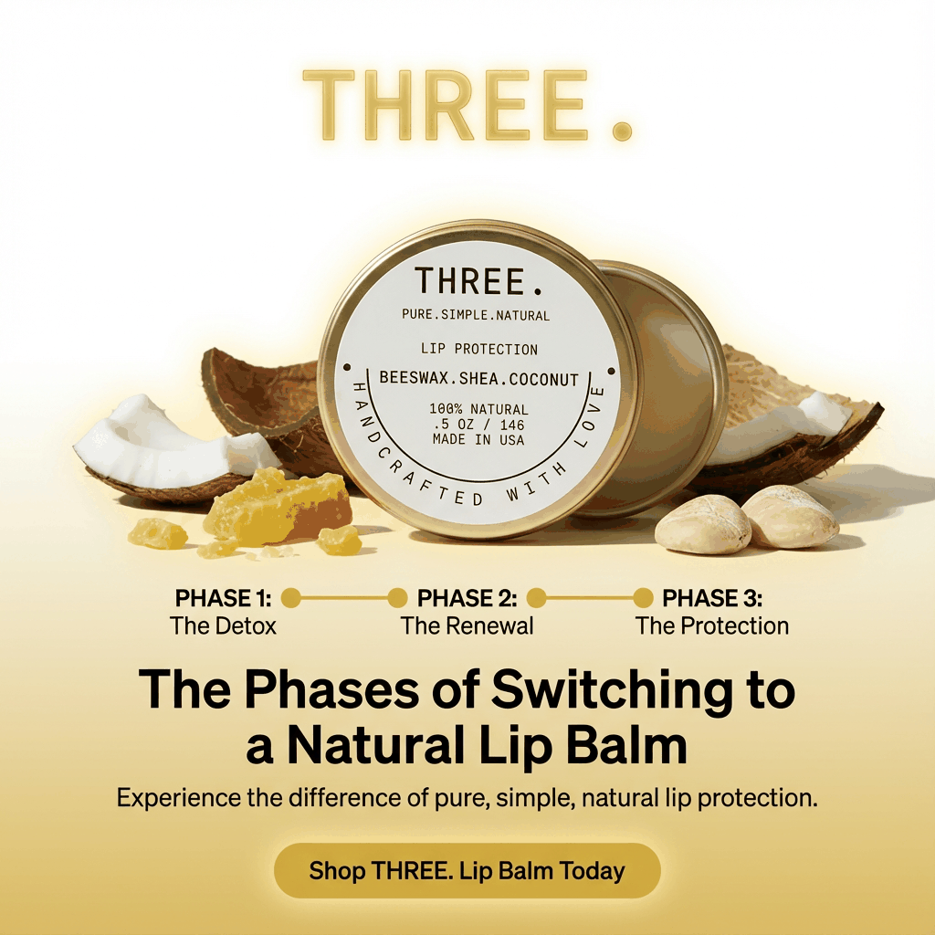 Diagram illustrating the three phases of switching to a natural lip balm with healing ingredients like beeswax, shea butter, and coconut oil
